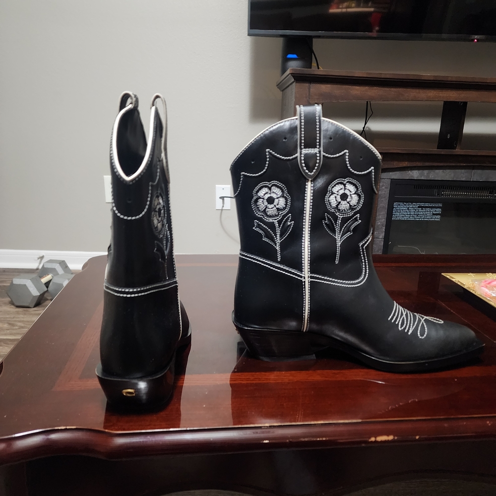 Coach Black Western Boots with White Floral Embroidery